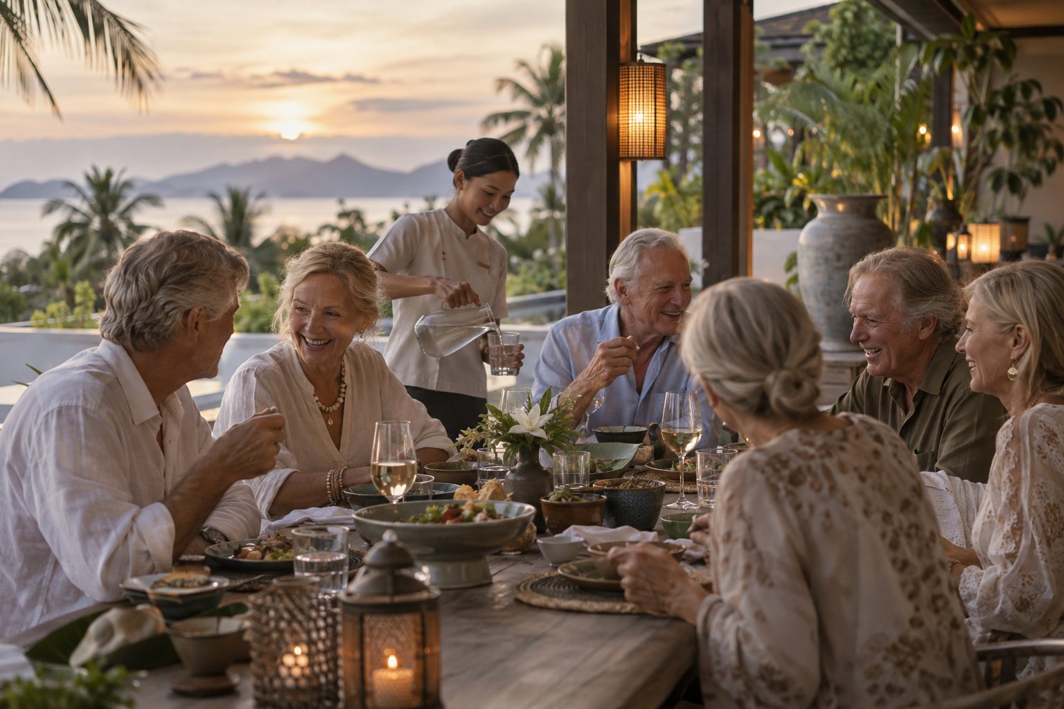 Residents sharing dinner on the terrace
